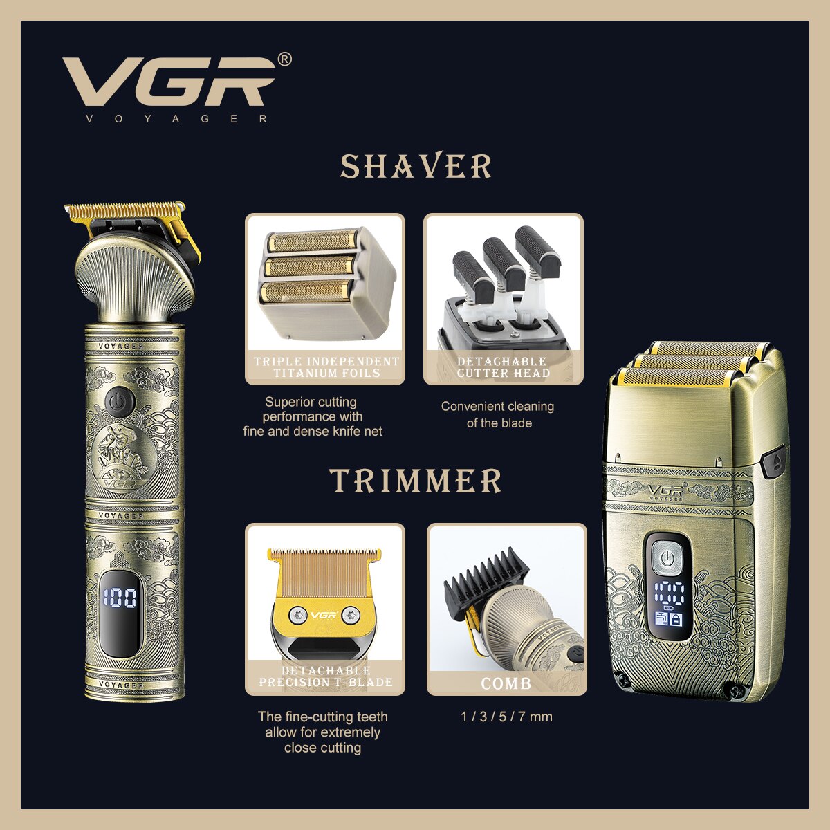 Metal Gold Electric Hair Trimmer and Shaver kit V-649