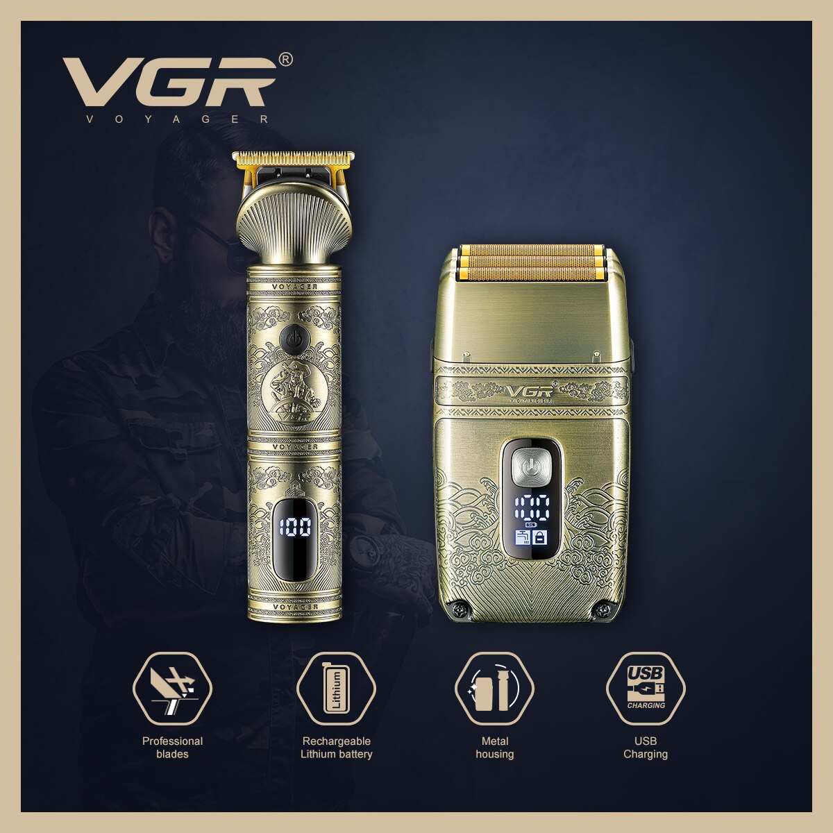 Metal Gold Electric Hair Trimmer and Shaver kit V-649