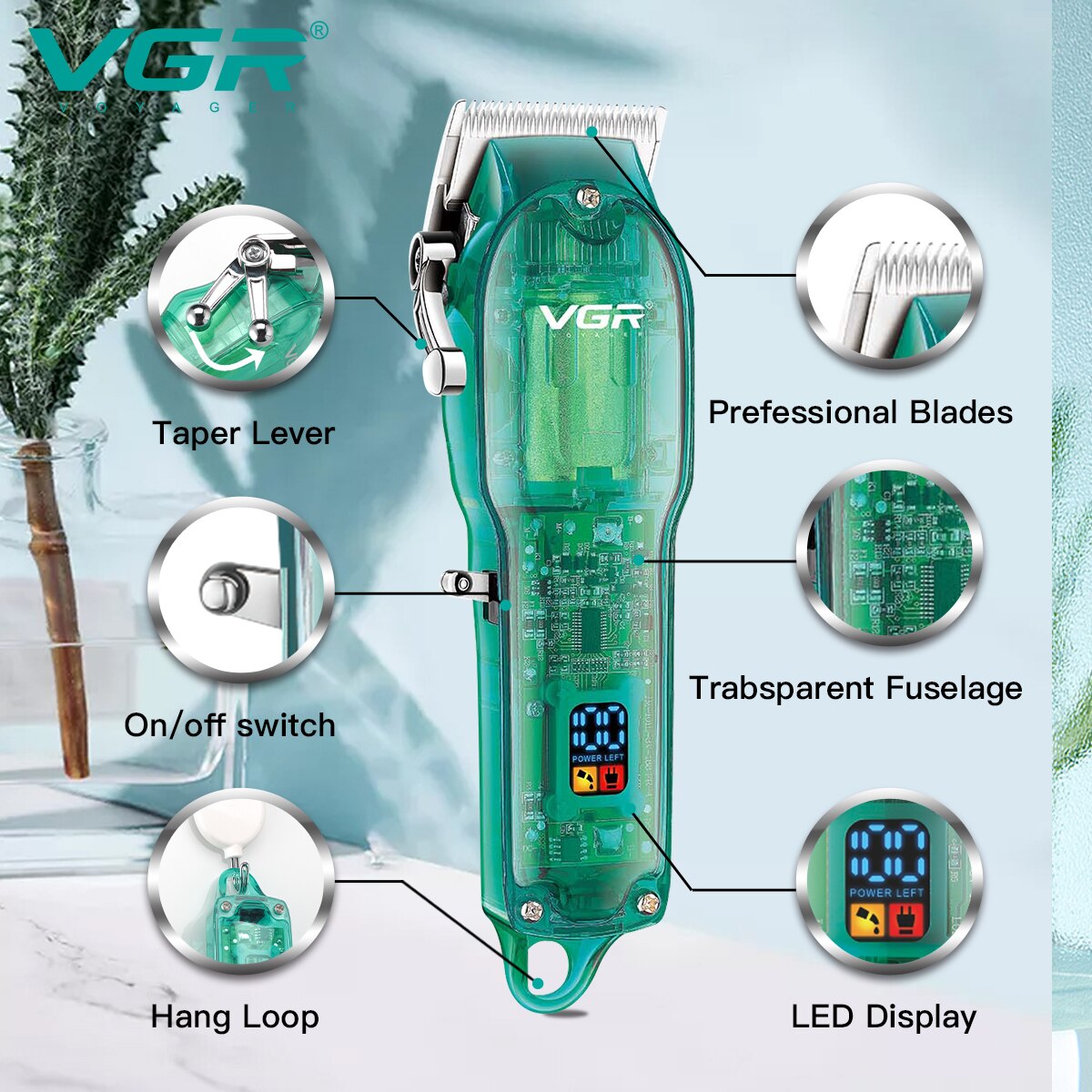 Transparent Digital Display Hair Clipper V-660