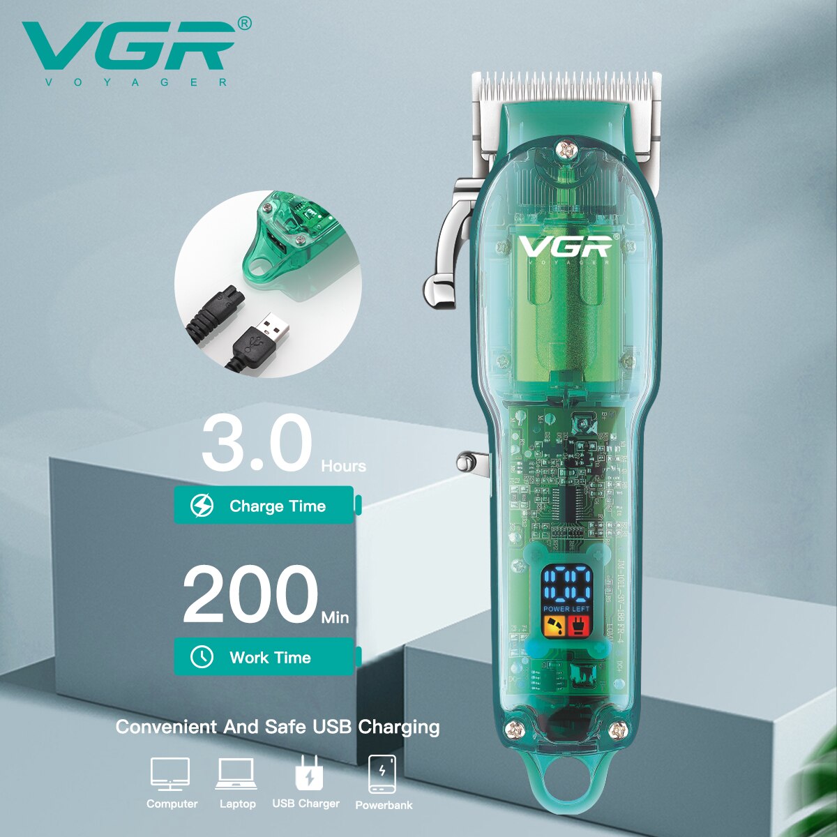 Transparent Digital Display Hair Clipper V-660