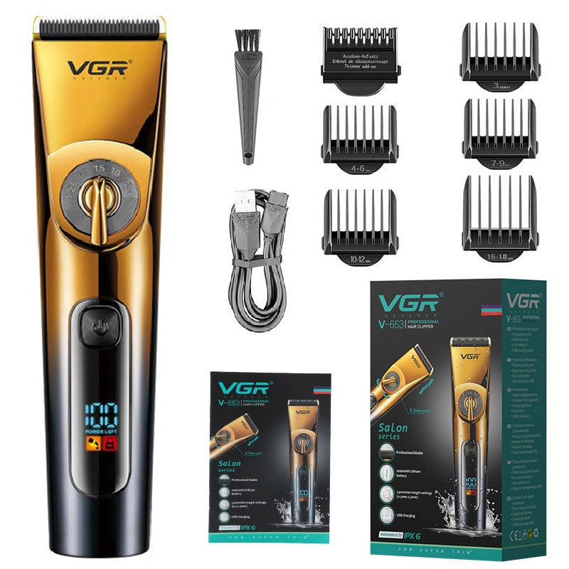 Waterproof Rechargeable Black and Gold Hair Clipper V-663